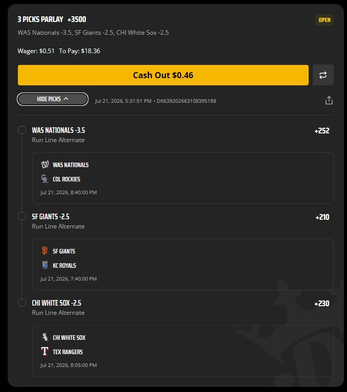 I ended up turning $3.92 into $24.08 — three RR wins and one parlay that I cashed out early for $9.59. And of course, ATH decided to win anyway, meaning I could have had the full $32.12. That’s the gambling equivalent of selling your crypto right before it