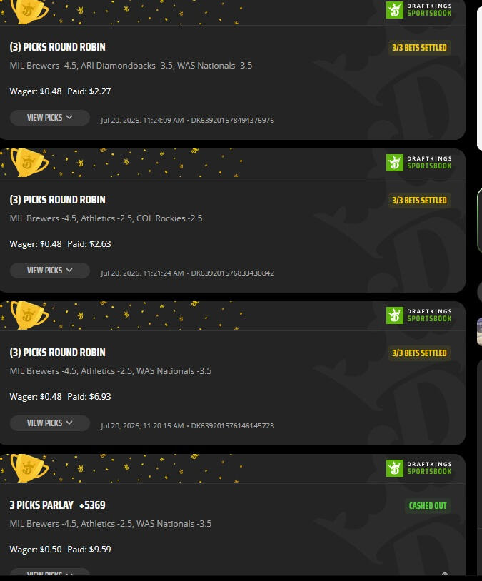 I ended up turning $3.92 into $24.08 — three RR wins and one parlay that I cashed out early for $9.59. And of course, ATH decided to win anyway, meaning I could have had the full $32.12. That’s the gambling equivalent of selling your crypto right before it