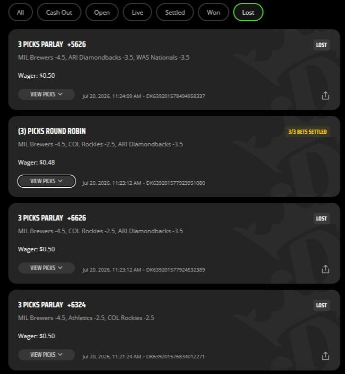 I ended up turning $3.92 into $24.08 — three RR wins and one parlay that I cashed out early for $9.59. And of course, ATH decided to win anyway, meaning I could have had the full $32.12. That’s the gambling equivalent of selling your crypto right before it