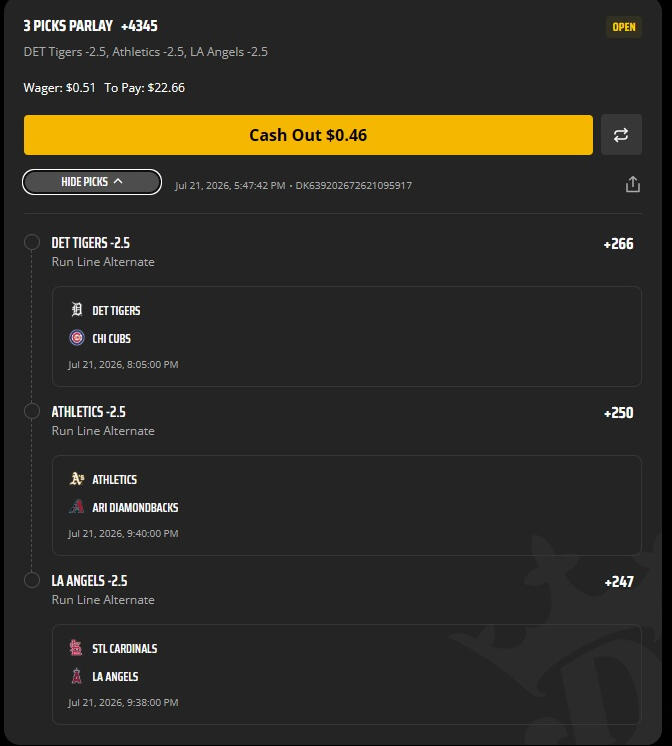 I ended up turning $3.92 into $24.08 — three RR wins and one parlay that I cashed out early for $9.59. And of course, ATH decided to win anyway, meaning I could have had the full $32.12. That’s the gambling equivalent of selling your crypto right before it