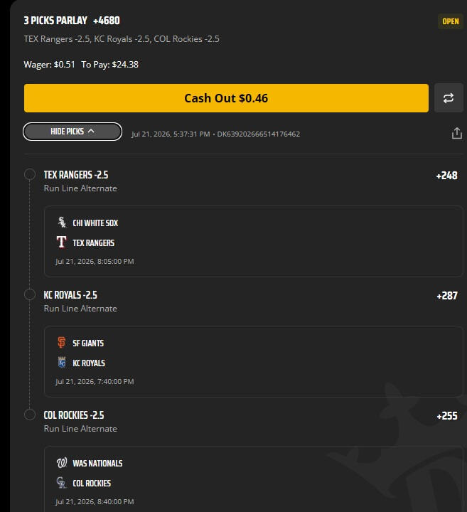 I ended up turning $3.92 into $24.08 — three RR wins and one parlay that I cashed out early for $9.59. And of course, ATH decided to win anyway, meaning I could have had the full $32.12. That’s the gambling equivalent of selling your crypto right before it