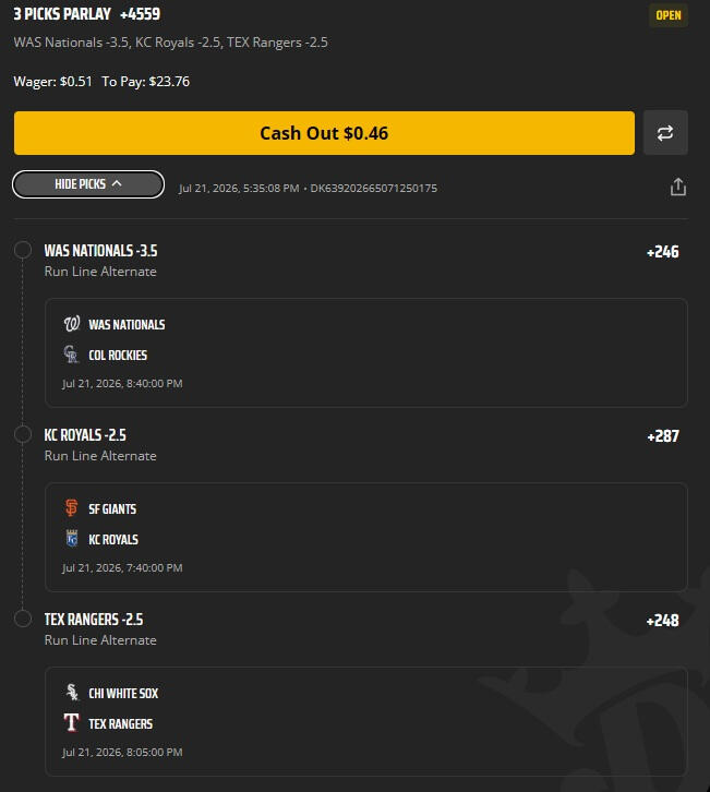 I ended up turning $3.92 into $24.08 — three RR wins and one parlay that I cashed out early for $9.59. And of course, ATH decided to win anyway, meaning I could have had the full $32.12. That’s the gambling equivalent of selling your crypto right before it