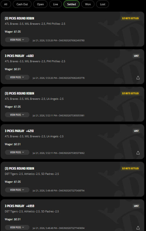 I ended up turning $3.92 into $24.08 — three RR wins and one parlay that I cashed out early for $9.59. And of course, ATH decided to win anyway, meaning I could have had the full $32.12. That’s the gambling equivalent of selling your crypto right before it